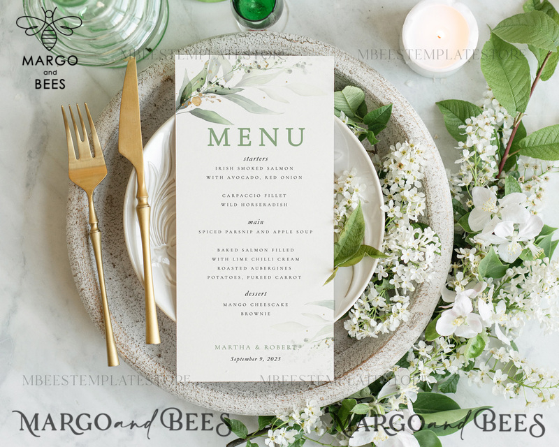 Modern wedding menu template, dinner menus editable, Instant download Green wedding menus, Garden wedding menu  Printable, WSpr1-0