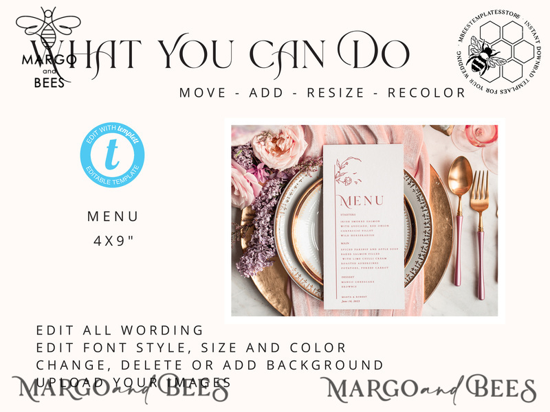 Modern wedding menu template, dinner menus editable, Instant download wedding menus, Garden wedding menu  Printable, WMin1-4