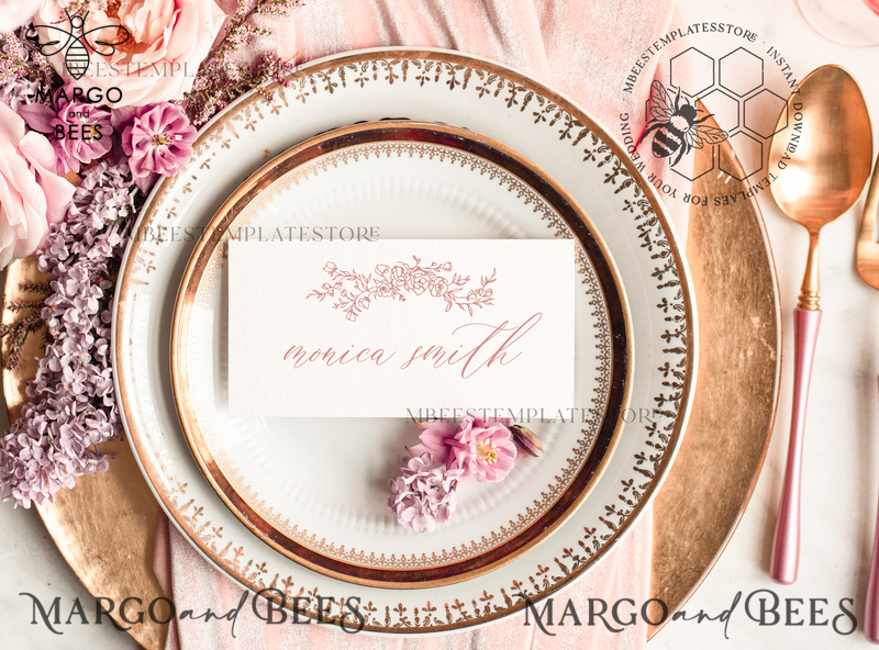 Boho escort card template, TENTED Place Cards editable, Instant download Modern place cards with meal icon ,  Garden escort cards Printable, WRoses8-0