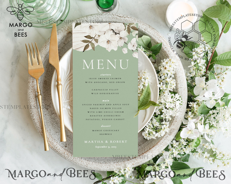 Modern wedding menu template, dinner menus editable, Instant download SageGreen wedding menus, Garden wedding menu  Printable, WSpr3-0