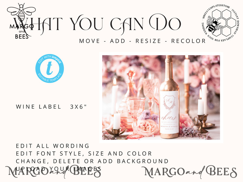 Elegant wine label wedding template, wine label weddings editable, Instant download Modern wine label wedding Garden  Printable, WRoses8-2