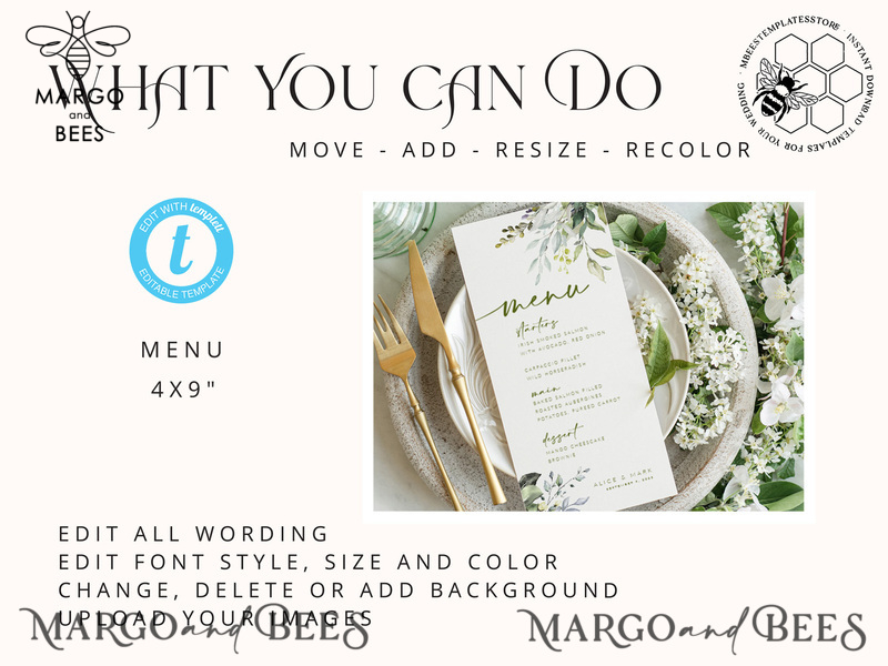Green wedding menu template, dinner menus editable, Instant download Modern wedding menus, Garden wedding menu  Printable, WGreen4-4