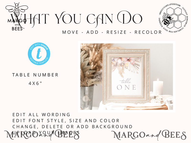 Boho table number template, table numbers editable, Instant download Modern table numbers, Garden table number  Printable, WPam5-1