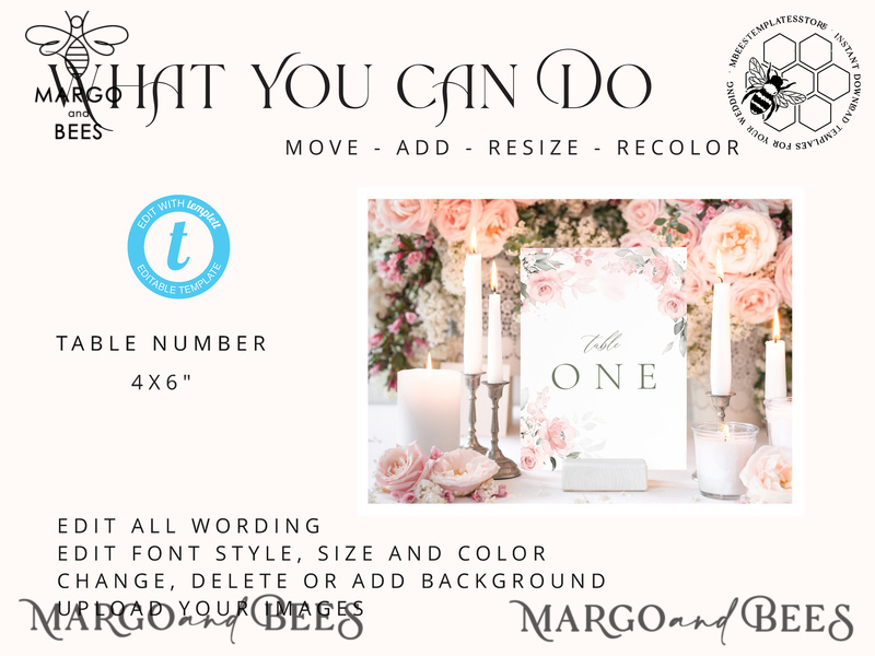 Floral table number template, table numbers editable, Instant download Modern table numbers, Garden table number  Printable, WRom1-1