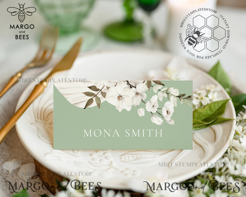 Sage Green escort card template, TENTED Place Cards editable, Instant download Modern place cards, Garden escort cards Printable, WSpr3-0
