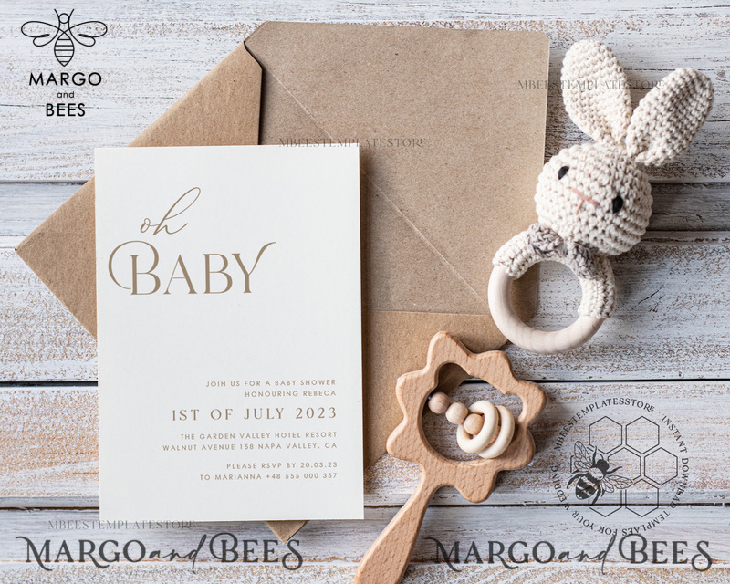 Modern Baby Shower InvitationTemplate, Instant Download Printable Invites Home Printing, Simple Boho baby Boy shower Card Set-1