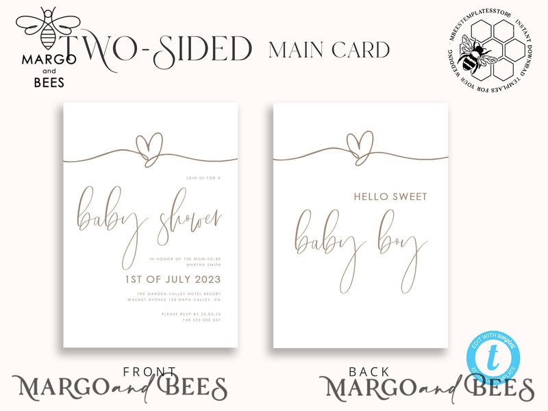 Modern Baby Shower Invitation Template download, Simple Baby Shower Boy Invitations Set,  Printable Invites Set Home Printing Boho Cards-3