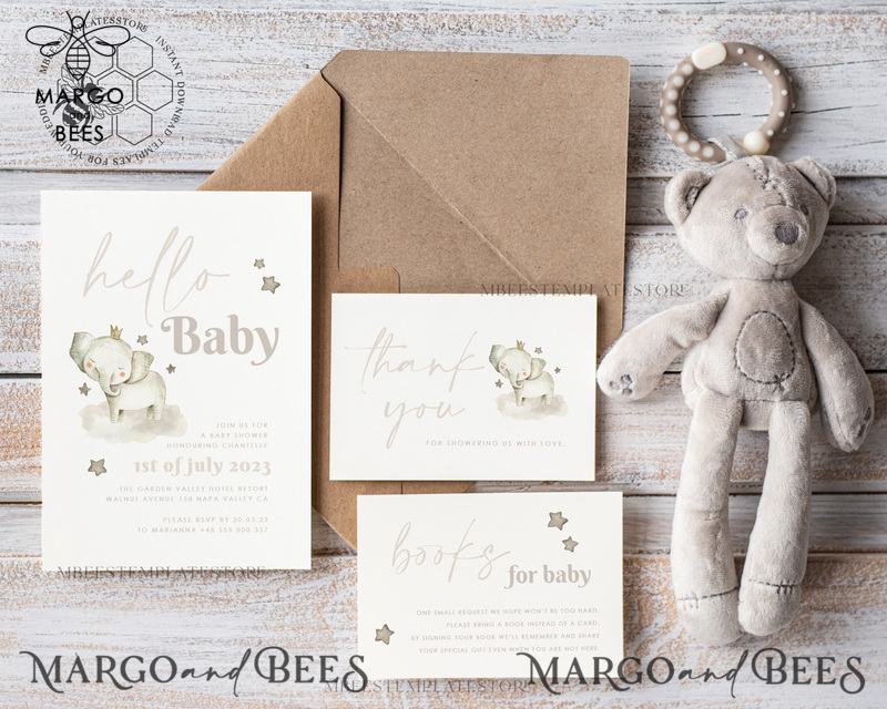 Elephant Baby Shower Invitation Template download, Simple Baby Shower Boy Invitations Set,  Printable Invites Set Home Printing Boho Cards-0