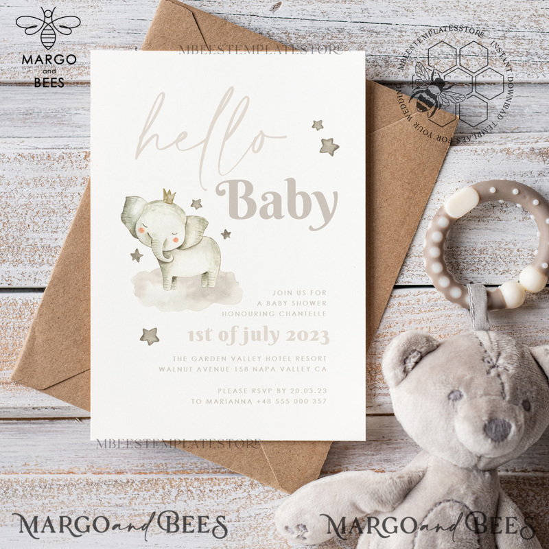 Elephant Baby Shower Invitation Template download, Simple Baby Shower Boy Invitations Set,  Printable Invites Set Home Printing Boho Cards-2