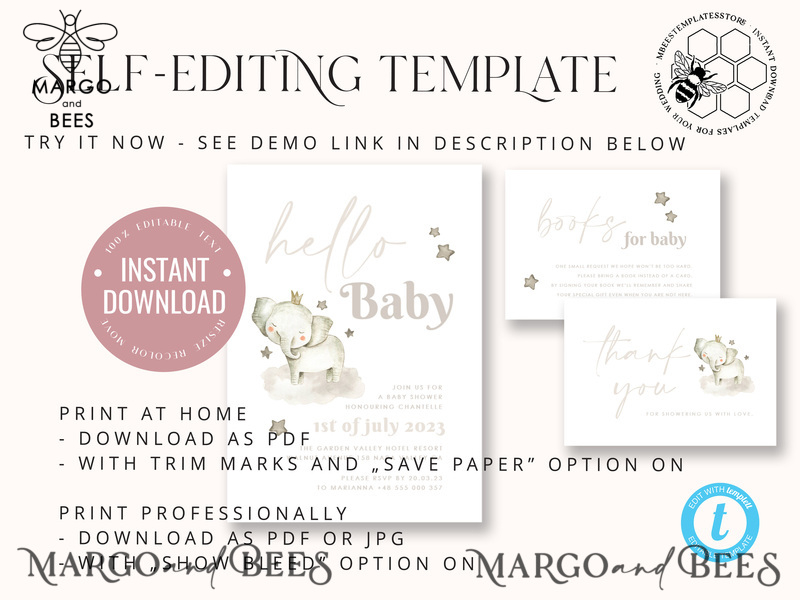 Elephant Baby Shower Invitation Template download, Simple Baby Shower Boy Invitations Set,  Printable Invites Set Home Printing Boho Cards-3