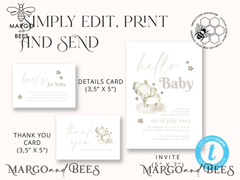 Elephant Baby Shower Invitation Template download, Simple Baby Shower Boy Invitations Set,  Printable Invites Set Home Printing Boho Cards-4