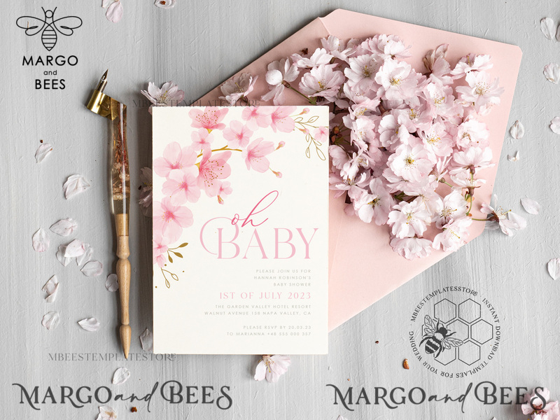 Cherry Blossom Baby Shower Invitation Template download suite, Baby Girl Invitations Set,  Printable Invites Home Printing Simple Boho Cards-1