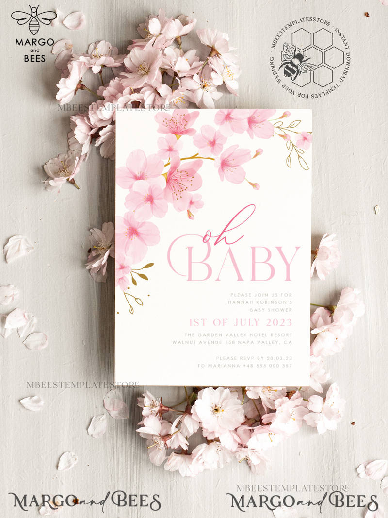 Cherry Blossom Baby Shower Invitation Template download suite, Baby Girl Invitations Set,  Printable Invites Home Printing Simple Boho Cards-2