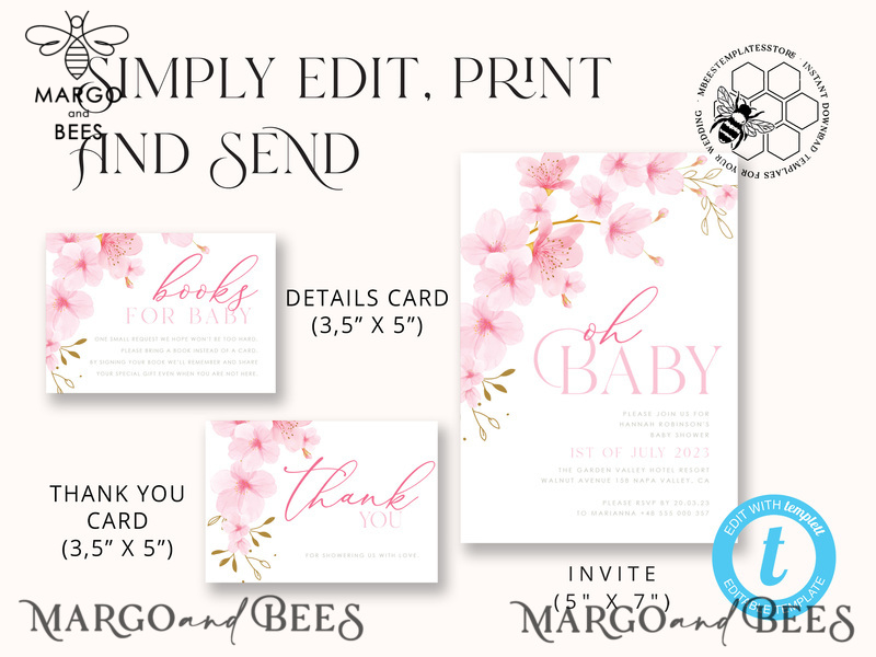 Cherry Blossom Baby Shower Invitation Template download suite, Baby Girl Invitations Set,  Printable Invites Home Printing Simple Boho Cards-3