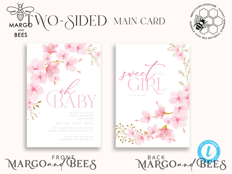 Cherry Blossom Baby Shower Invitation Template download suite, Baby Girl Invitations Set,  Printable Invites Home Printing Simple Boho Cards-5