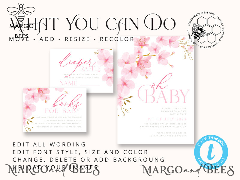 Cherry Blossom Baby Shower Invitation Template download suite, Baby Girl Invitations Set,  Printable Invites Home Printing Simple Boho Cards-6