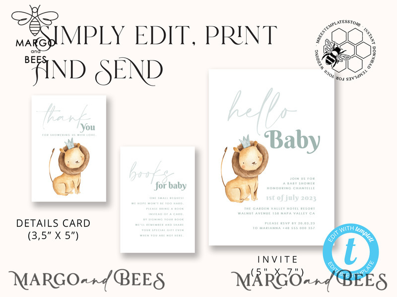Baby Shower Boy Invitation Template download, Lion suite Baby Shower Boy Invitations Set, Printable Invites Home Printing Boho Cards-6