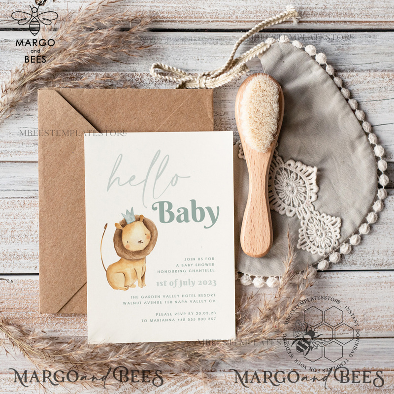 Baby Shower Boy Invitation Template download, Lion suite Baby Shower Boy Invitations Set, Printable Invites Home Printing Boho Cards-1