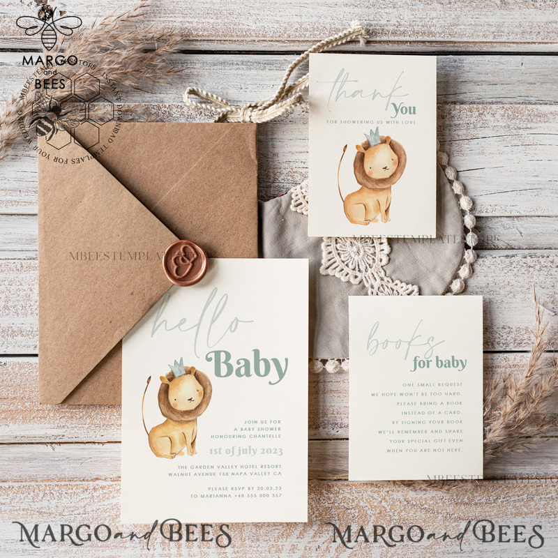 Baby Shower Boy Invitation Template download, Lion suite Baby Shower Boy Invitations Set, Printable Invites Home Printing Boho Cards-0