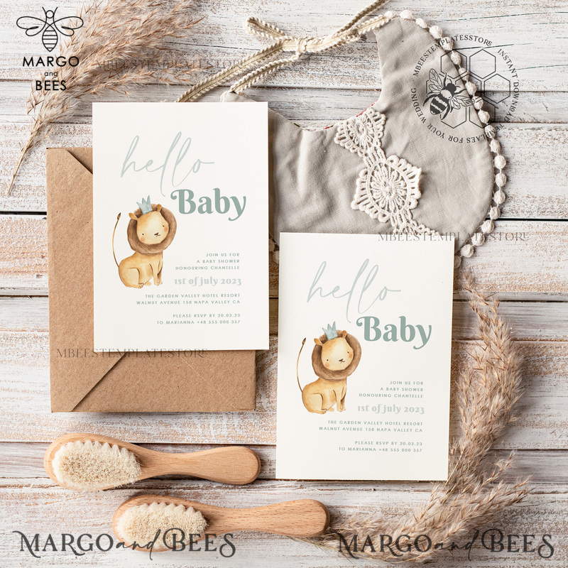 Baby Shower Boy Invitation Template download, Lion suite Baby Shower Boy Invitations Set, Printable Invites Home Printing Boho Cards-2