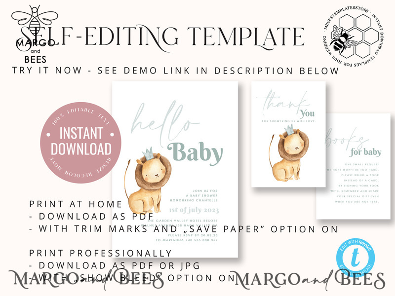 Baby Shower Boy Invitation Template download, Lion suite Baby Shower Boy Invitations Set, Printable Invites Home Printing Boho Cards-5