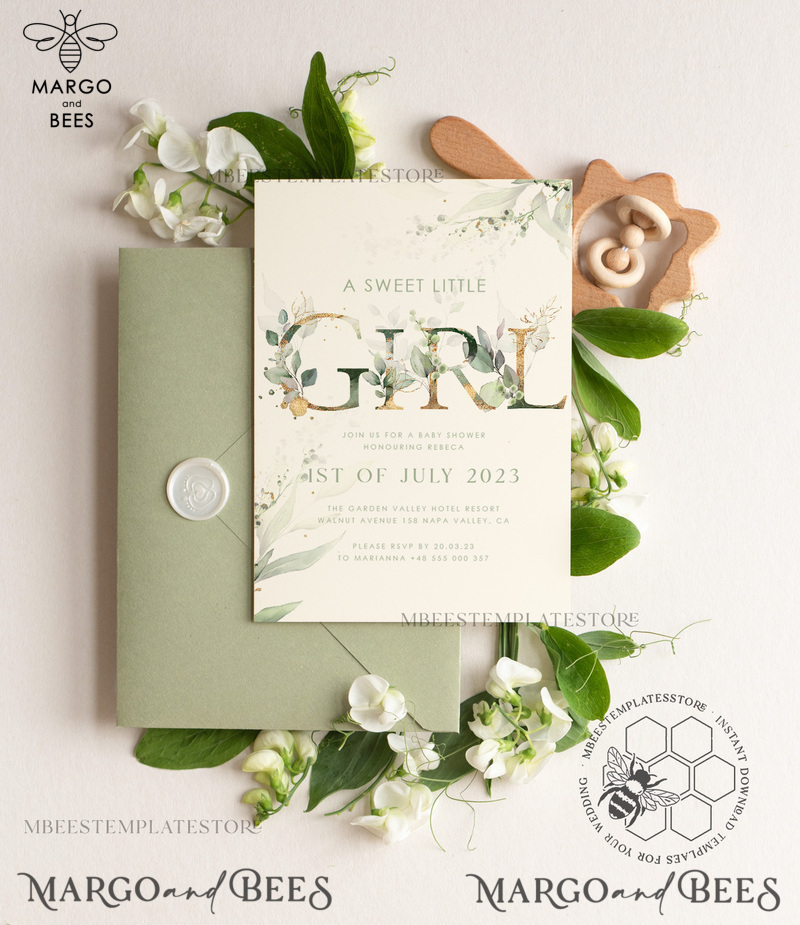 Floral Baby Girl Shower InvitationTemplate, Instant Download Printable Invites Home Printing, Simple modern baby shower  Card Set-3