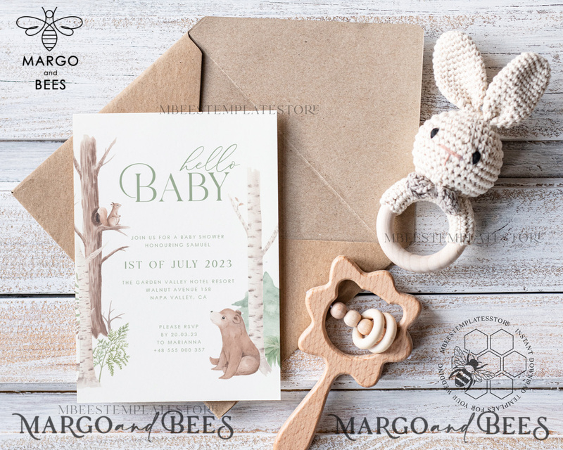 Modern Baby Shower Invitation Template, Instant Download Printable Invites Home Printing, Simple Boho baby Boy and Girl shower  Card Set-2