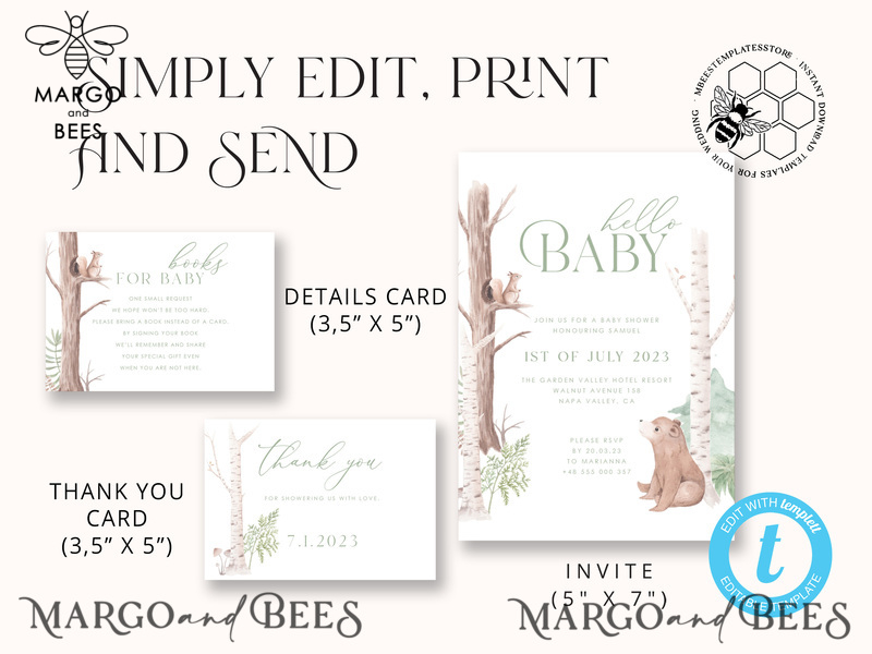 Modern Baby Shower Invitation Template, Instant Download Printable Invites Home Printing, Simple Boho baby Boy and Girl shower  Card Set-5