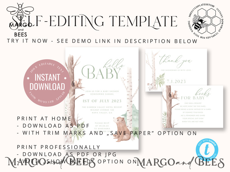 Modern Baby Shower Invitation Template, Instant Download Printable Invites Home Printing, Simple Boho baby Boy and Girl shower  Card Set-6