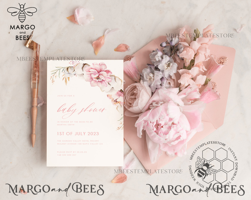 Baby Shower Invitation Template download Floral suite, Baby Shower Girl Invitations Set Printable Invites Home Printing Simple Boho Cards baby shower invitation girl elephant-2