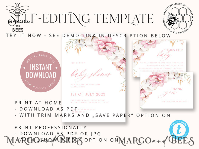 Baby Shower Invitation Template download Floral suite, Baby Shower Girl Invitations Set Printable Invites Home Printing Simple Boho Cards baby shower invitation girl elephant-7