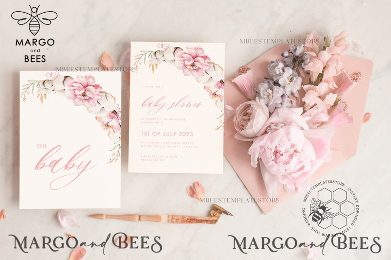 Baby Shower Invitation Template download Floral suite, Baby Shower Girl Invitations Set Printable Invites Home Printing Simple Boho Cards baby shower invitation girl elephant-1