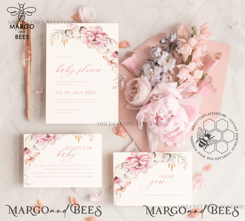 Baby Shower Invitation Template download Floral suite, Baby Shower Girl Invitations Set Printable Invites Home Printing Simple Boho Cards baby shower invitation girl elephant-0