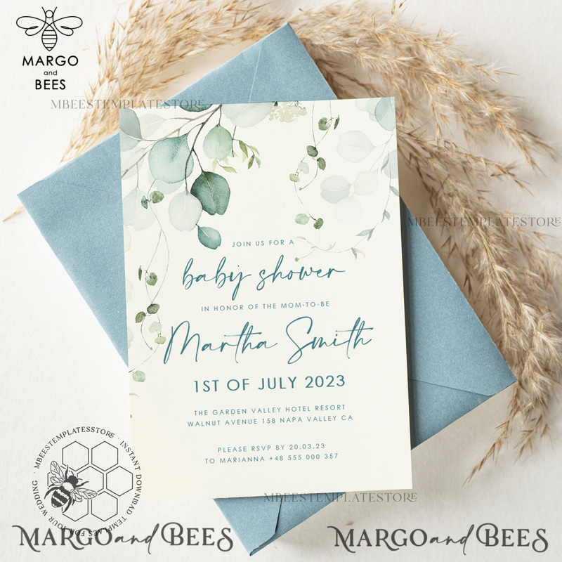 Blue Baby Boy Shower Invitation Template download, Simple Baby Shower Boy Invitations Set,  Printable Invites Set Home Printing Boho Cards-1