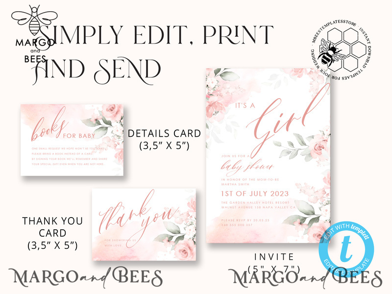Floral Baby Girl Shower Invitation Template, Instant Download Printable Invites Home Printing, Simple modern baby shower  Card Set-4