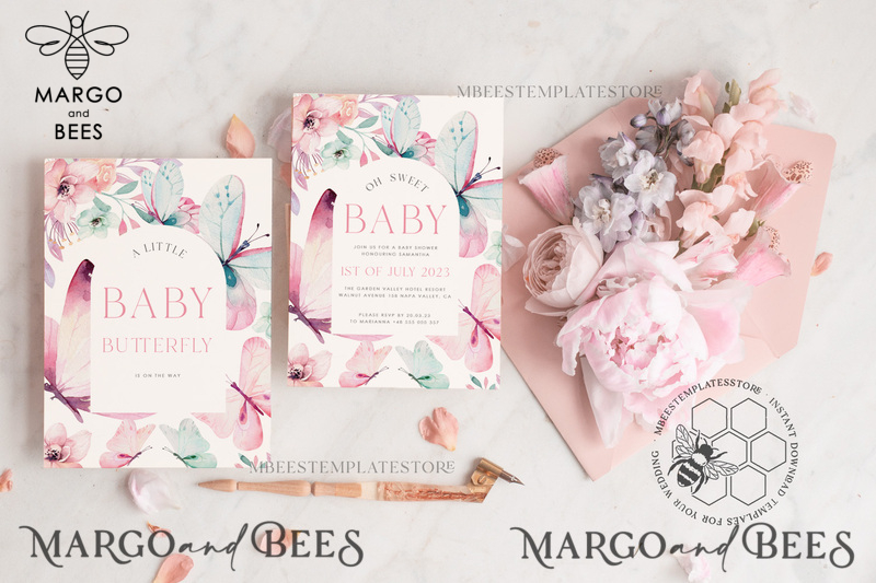 Baby Shower Invitation Template download Floral butterfly Baby Girl Invitations Set Printable Invites Home Printing Simple Floral Boho Cards-1