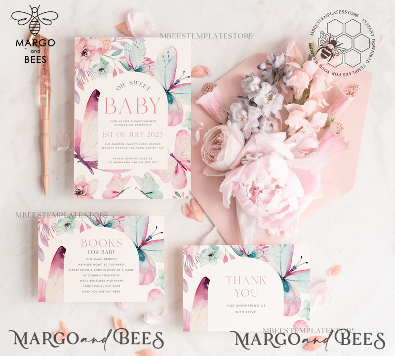 Baby Shower Invitation Template download Floral butterfly Baby Girl Invitations Set Printable Invites Home Printing Simple Floral Boho Cards-0