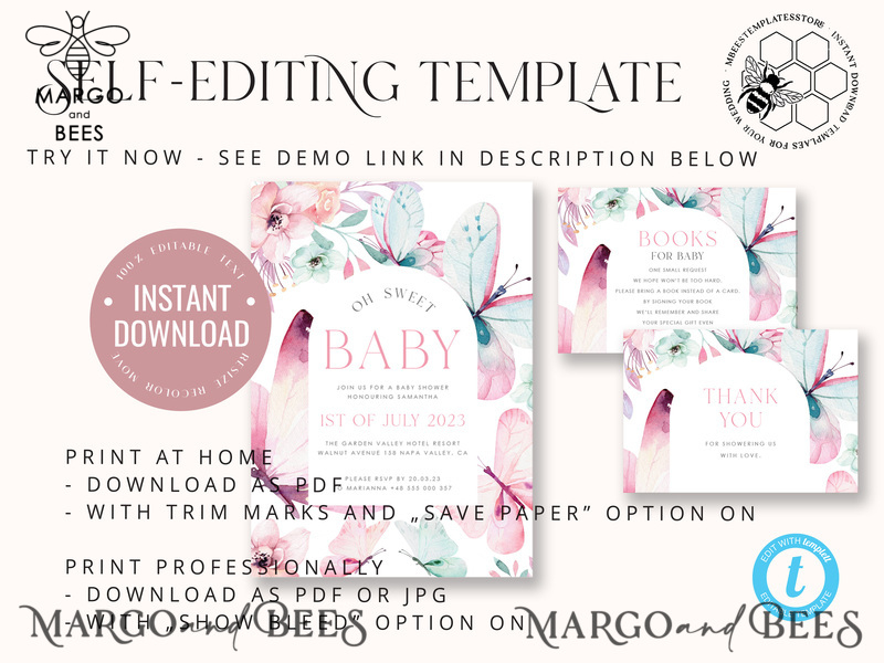 Baby Shower Invitation Template download Floral butterfly Baby Girl Invitations Set Printable Invites Home Printing Simple Floral Boho Cards-4