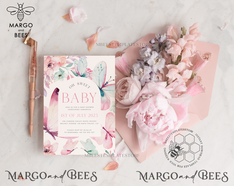 Baby Shower Invitation Template download Floral butterfly Baby Girl Invitations Set Printable Invites Home Printing Simple Floral Boho Cards-2