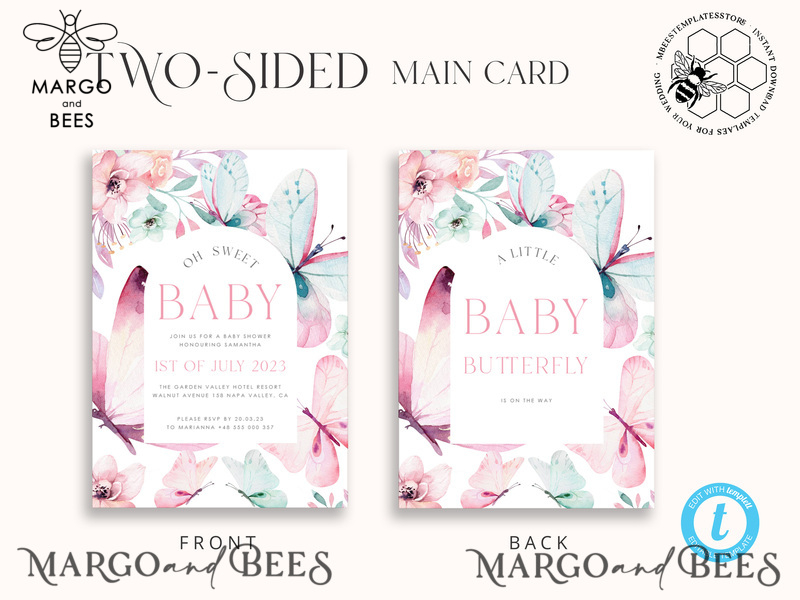 Baby Shower Invitation Template download Floral butterfly Baby Girl Invitations Set Printable Invites Home Printing Simple Floral Boho Cards-3