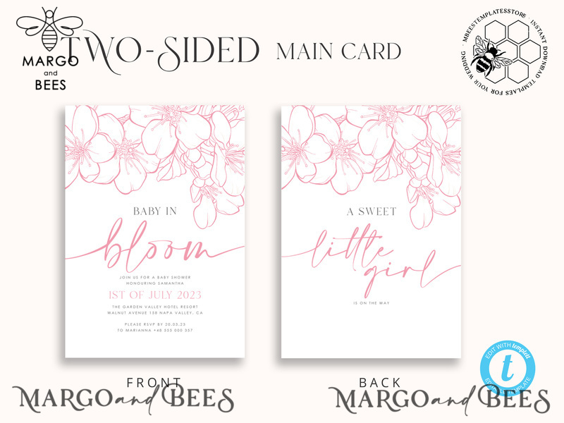 Cherry Blossom Baby Shower Invitation Template download suite, Baby Girl Invitations Set,  Printable Invites Home Printing Simple Boho Cards-3
