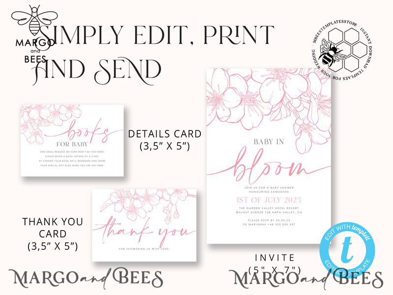 Cherry Blossom Baby Shower Invitation Template download suite, Baby Girl Invitations Set,  Printable Invites Home Printing Simple Boho Cards-7