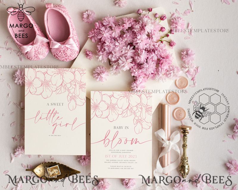 Cherry Blossom Baby Shower Invitation Template download suite, Baby Girl Invitations Set,  Printable Invites Home Printing Simple Boho Cards-0