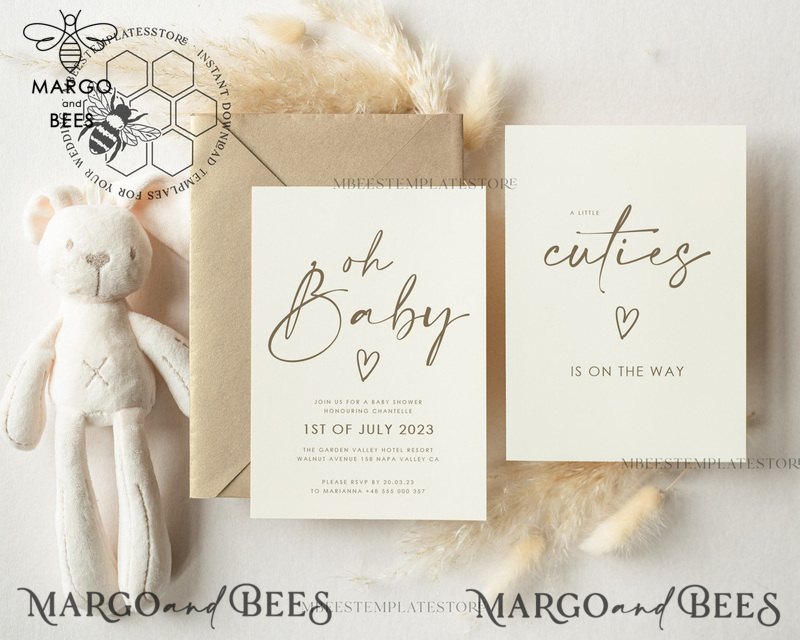 Modern Baby Shower Invitation Template, Instant Download Printable Invites Home Printing, Simple Boho baby shower Card SetModern Baby Shower InvitationTemplate, Instant Download Printable Invites Home Printing, Simple Boho baby shower  Card Set  We will be glad to take part in the preparation of your event!  DIY TEMPLATE - COMPUTER EDITING ONLY Editing on mobile is not possible! Please read the description.  This baby shower Suite bundles is a fully editable design. This is an editable template, that you edit yourself on the Templett website on a computer only, phone/tablet editing not available.  Edit, download and print yourself, or have it professionally printed.  All wording is editable so it can be used for any event!  Add Foto on back side if needed.  Personalize your template in Templett, an easy to use template editor that works in your web browser.   ---------------------------***------------------------------- DEMO LINK - TRY BEFORE PURCHASE - FREE! ------------------------------------------------------------- Try it right now! Just copy and paste this demo link into your web browser:  https://templett.com/design/demo/mbeestemplatestore/13474699  ---------------------------***-------------------------------  DIY baby shower INVITATION TEMPLATE INCLOUDE  • INVITATION MAIN CARD - US A7: 5 x 7\\\\-2