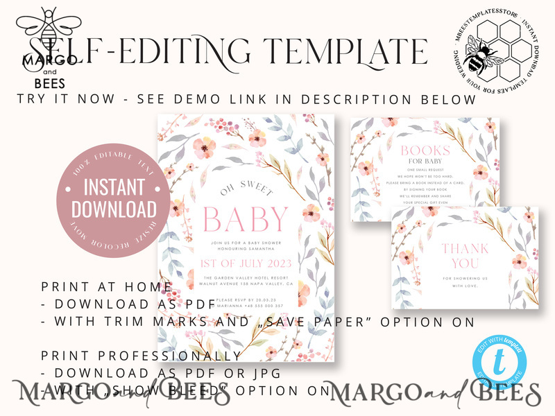Modern Baby Shower Invitation Template, Baby Shower Girl Invitations Set, Instant Download Printable Invites Home Printing Simple Boho Cards-4
