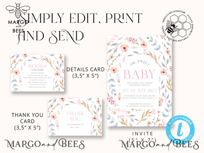 Modern Baby Shower Invitation Template, Baby Shower Girl Invitations Set, Instant Download Printable Invites Home Printing Simple Boho Cards-5