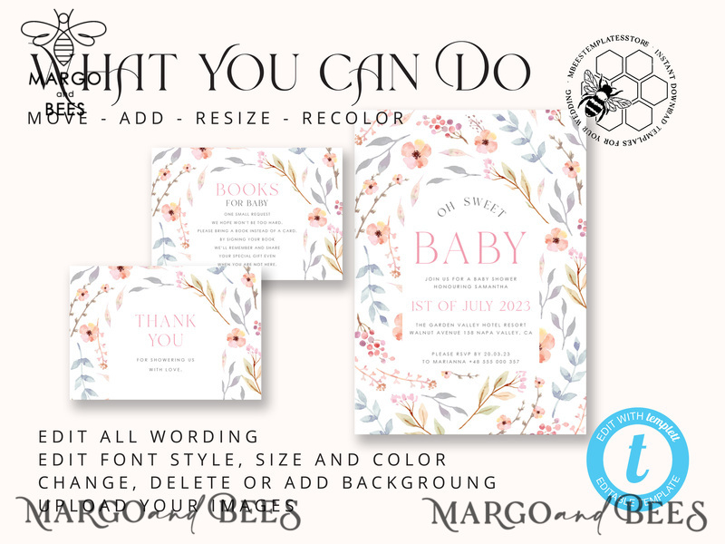 Modern Baby Shower Invitation Template, Baby Shower Girl Invitations Set, Instant Download Printable Invites Home Printing Simple Boho Cards-6