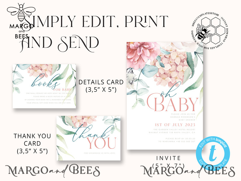 Floral Baby Girl Shower Invitation Template, Instant Download Printable Invites Home Printing, Simple modern baby shower  Card Set-6