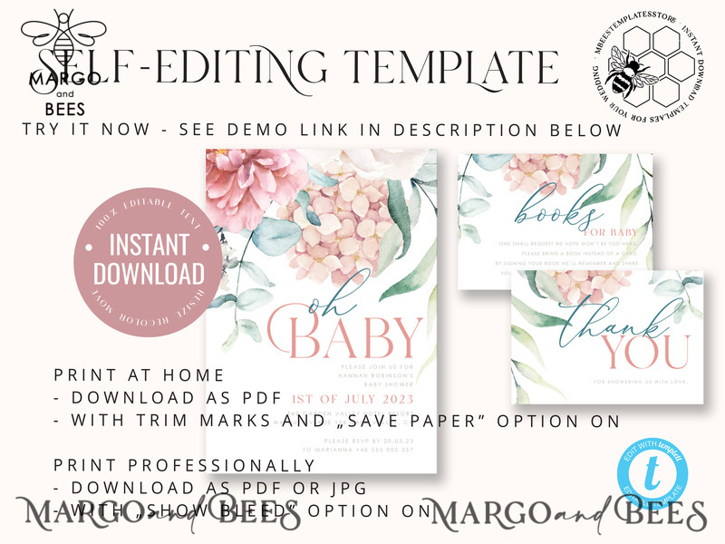 Floral Baby Girl Shower Invitation Template, Instant Download Printable Invites Home Printing, Simple modern baby shower  Card Set-7