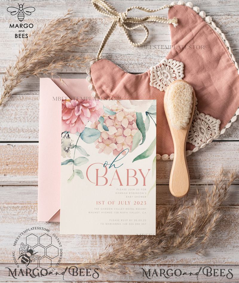 Floral Baby Girl Shower Invitation Template, Instant Download Printable Invites Home Printing, Simple modern baby shower  Card Set-1